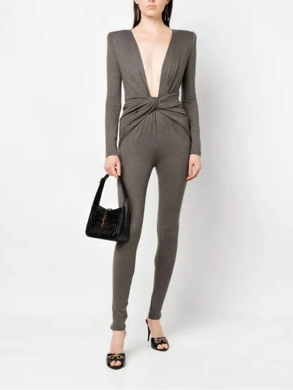 BNWT Saint Laurent twist-detail V-neck jumpsuit Taupe-Retail $2690 Current